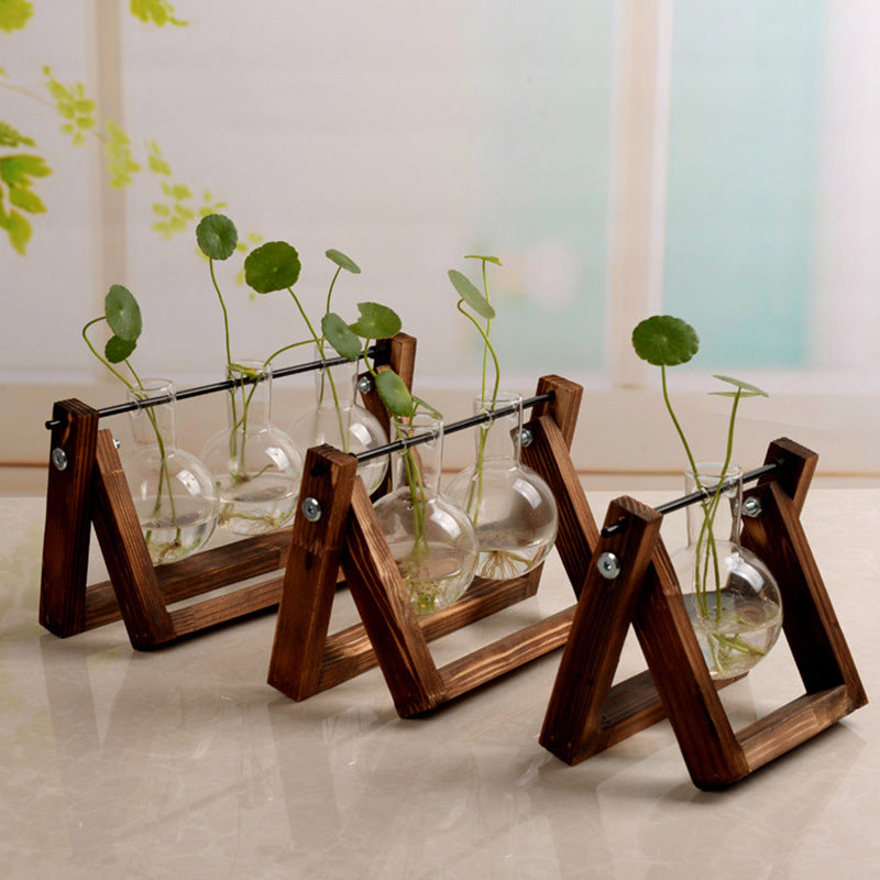 Swinging Wooden Stand Hydroponic Plant Container Glass Vase